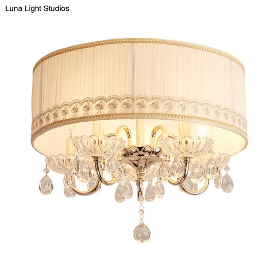 Modern Crystal Flush Light Fixture - White Candle With 5 Heads Fabric Shade & Ceiling Mounted Design