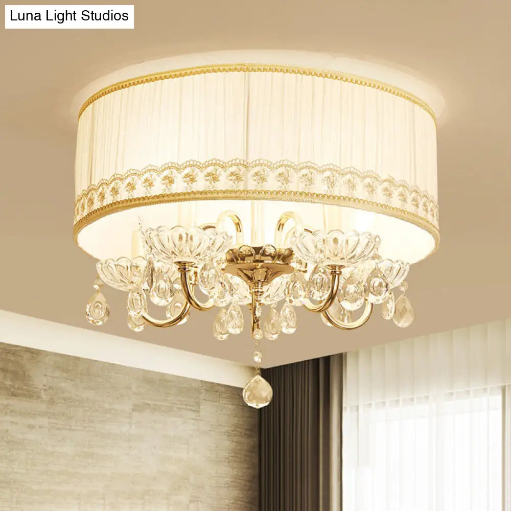 Modern Crystal Flush Light Fixture - White Candle With 5 Heads Fabric Shade & Ceiling Mounted Design