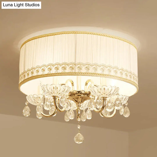 Modern Crystal Flush Light Fixture - White Candle With 5 Heads Fabric Shade & Ceiling Mounted Design