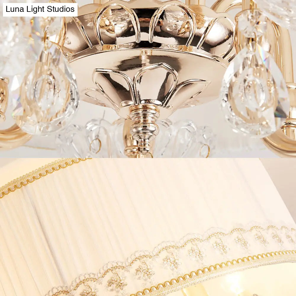 Modern Crystal Flush Light Fixture - White Candle With 5 Heads Fabric Shade & Ceiling Mounted Design