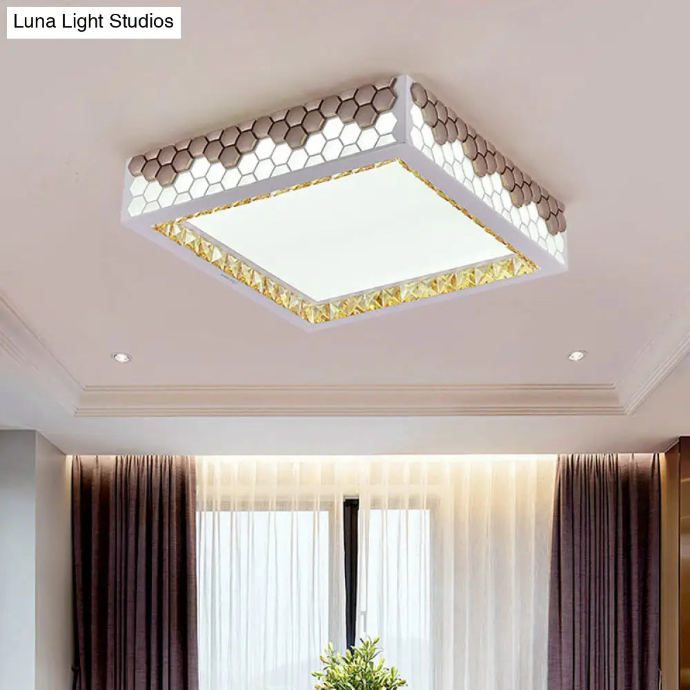 Modern Crystal Flush Mount Ceiling Light Fixture With Honeycomb Design - White-Gold Led Lighting For