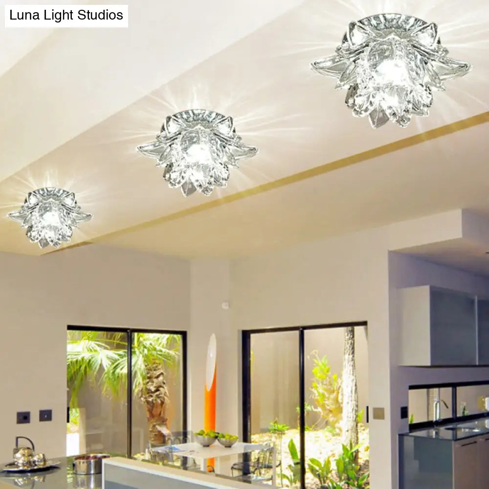 Modern Crystal Flush Mount Led Ceiling Lamp For Hallways - Clear Flower Design / White