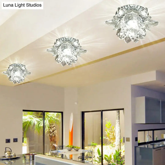 Modern Crystal Flush Mount Led Ceiling Lamp For Hallways - Clear Flower Design / White