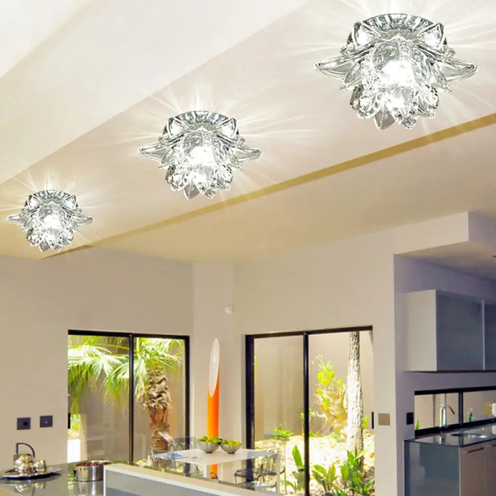 Modern Crystal Flush Mount Led Ceiling Lamp For Hallways - Clear Flower Design / White