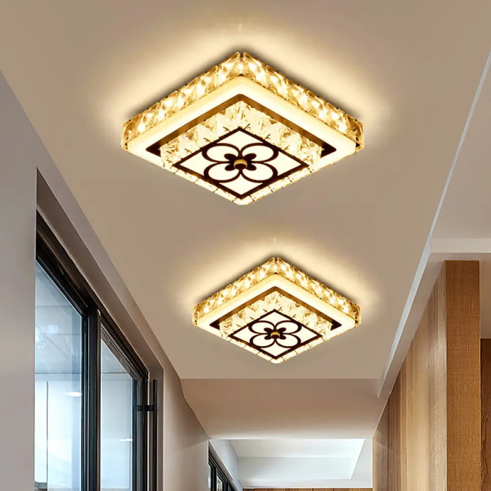 Modern Crystal Flush Mount Led Ceiling Lamp In Chrome For Corridors / Square