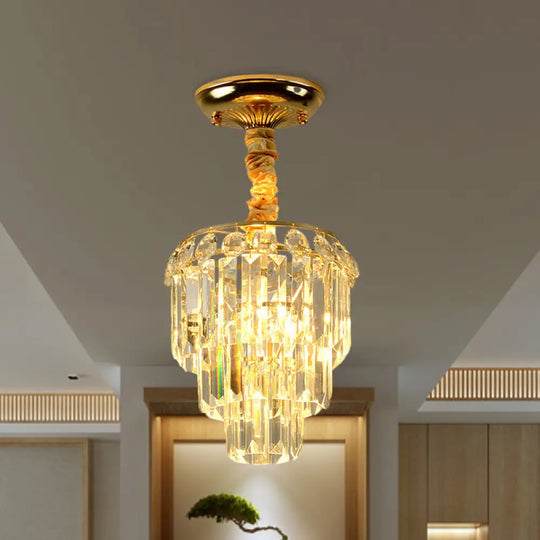 Modern Crystal Foyer Flush Mount Light - Elegant 3 - Layer Tapered Design With Gold Accents