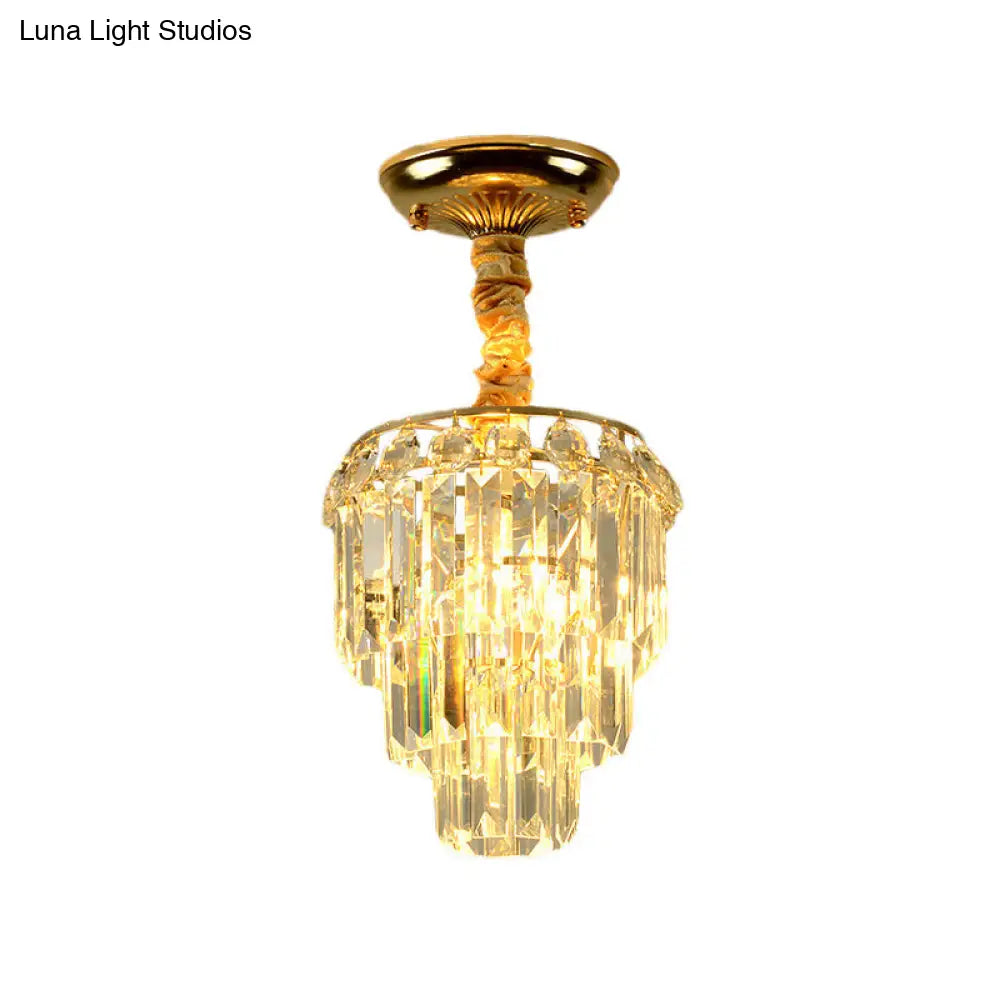 Modern Crystal Foyer Flush Mount Light - Elegant 3-Layer Tapered Design With Gold Accents