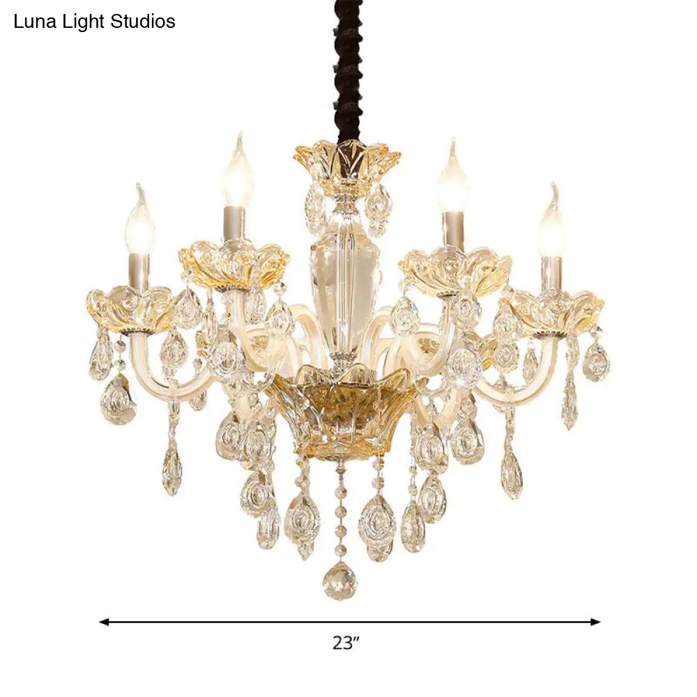 Clear Crystal Modernism Candle Chandelier With 6 Amber Bulbs For Down Lighting In Living Room