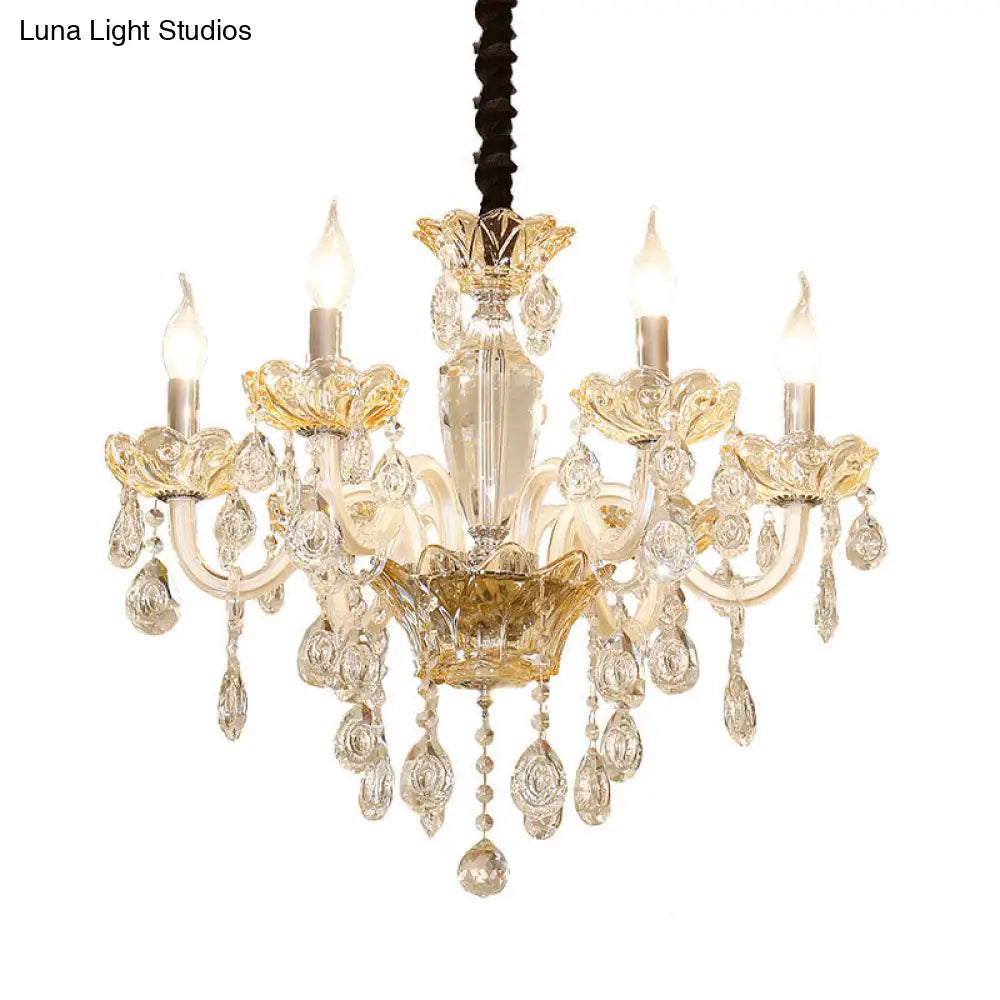 Clear Crystal Modernism Candle Chandelier With 6 Amber Bulbs For Down Lighting In Living Room