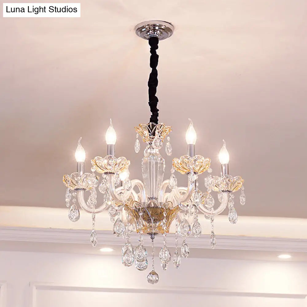 Clear Crystal Modernism Candle Chandelier With 6 Amber Bulbs For Down Lighting In Living Room