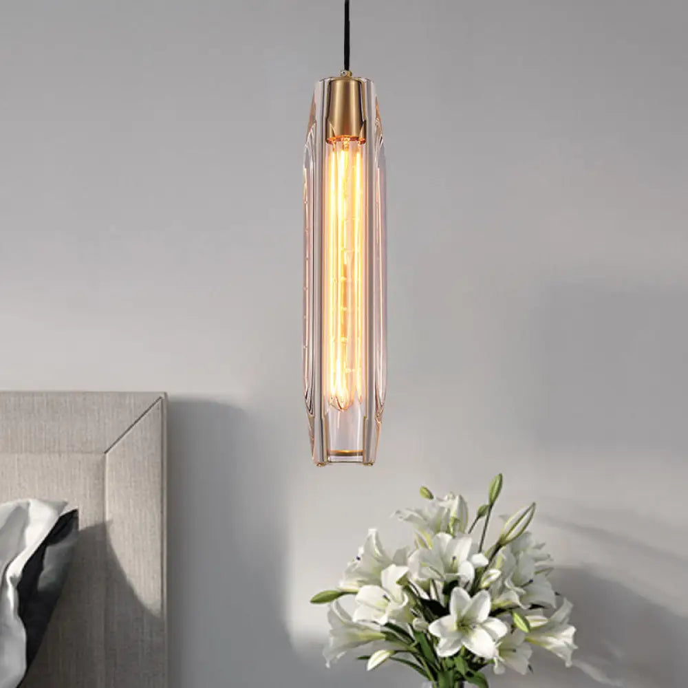 Modern Crystal Glass Hanging Pendant Light Fixture With Rod-Shaped Design And 1 Bulb Clear