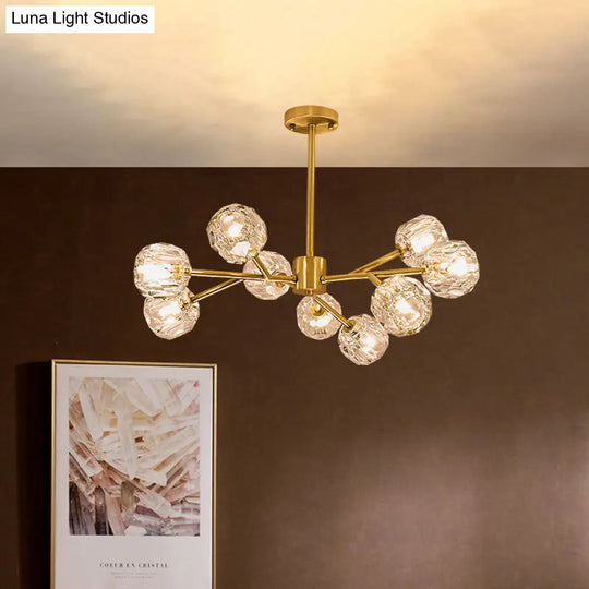 Modern Crystal Global Hanging Chandelier - 9-Light Brass Branch Pendant Lamp