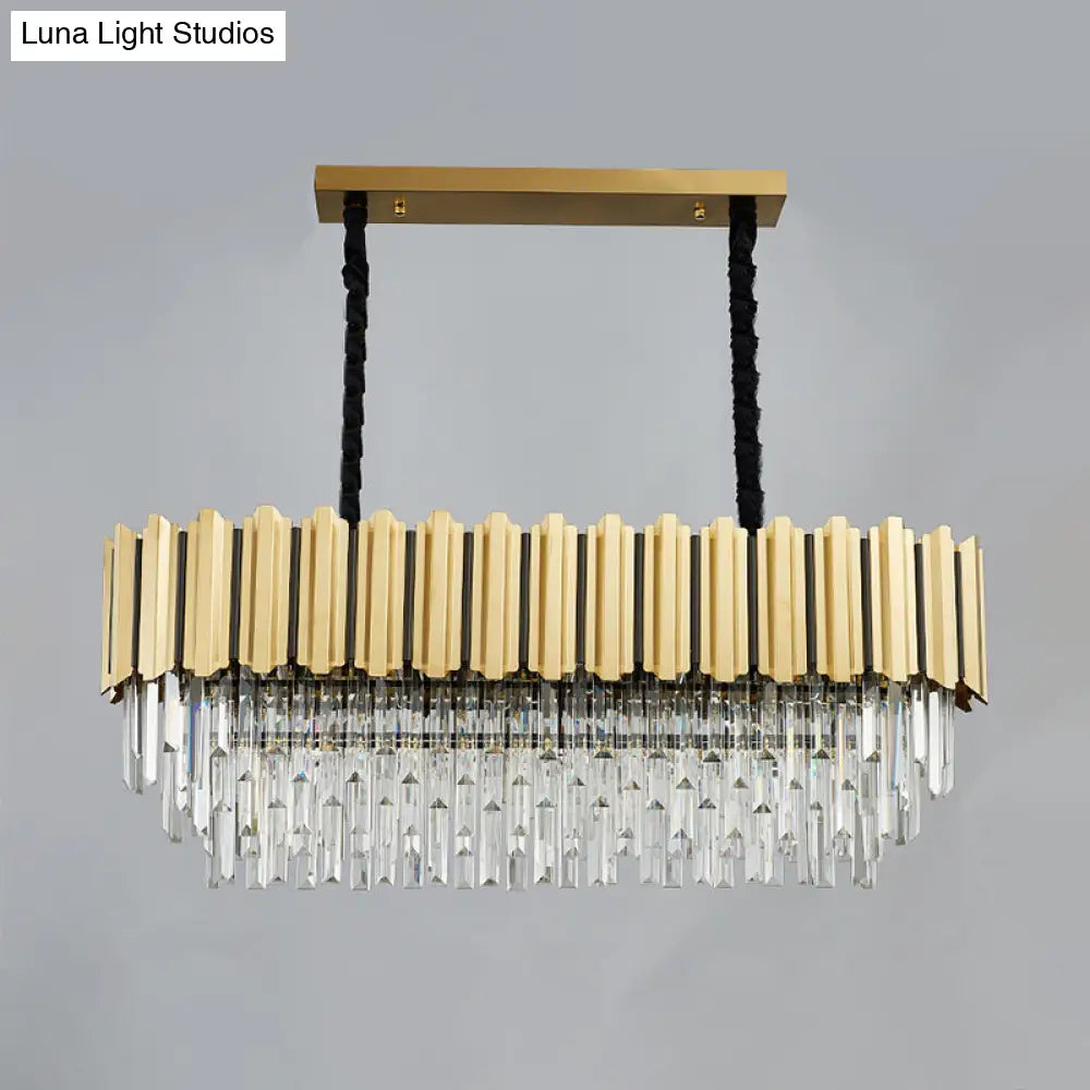 Modern Crystal Gold Finish Pendant Light With Prismatic Oval Design - 10 Heads Island Style