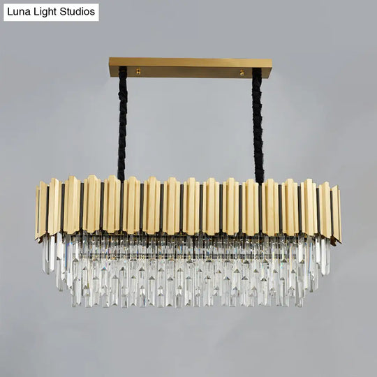 Modern Crystal Gold Finish Pendant Light With Prismatic Oval Design - 10 Heads Island Style