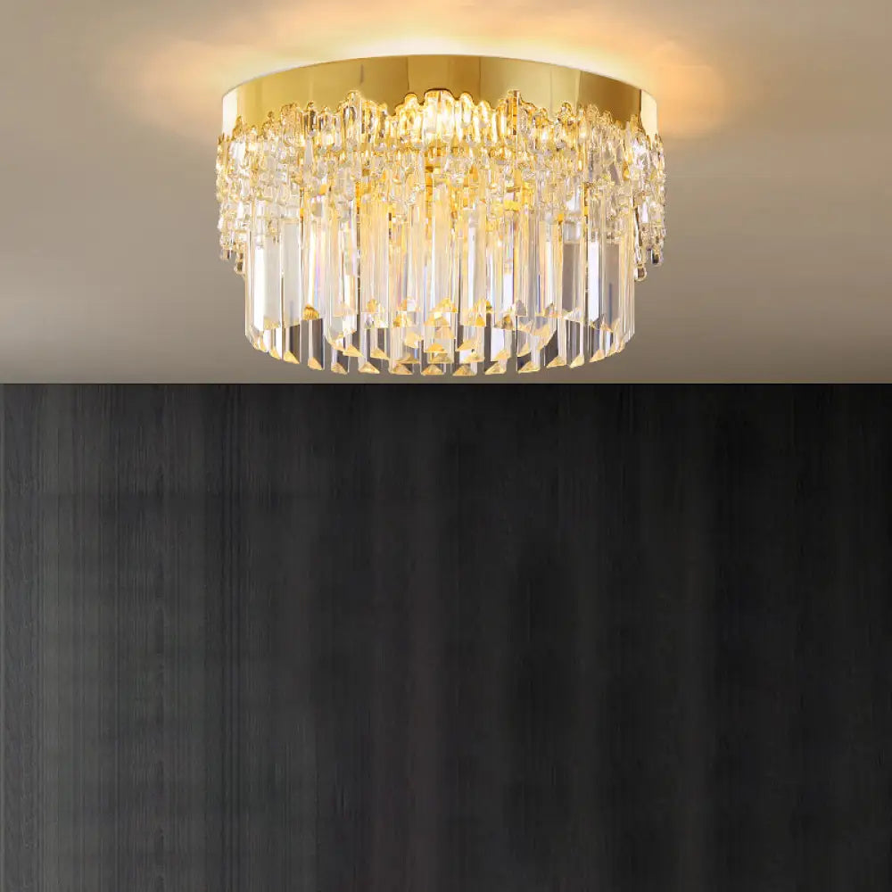 Modern Crystal Gold Flush Mount Light With Tri - Sided Drum Shape / 14’