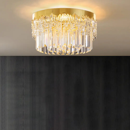 Modern Crystal Gold Flush Mount Light With Tri - Sided Drum Shape / 14’