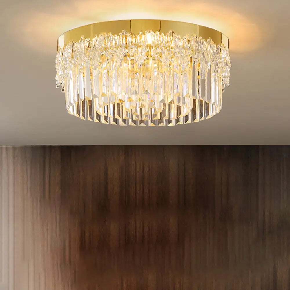Modern Crystal Gold Flush Mount Light With Tri - Sided Drum Shape / 19’