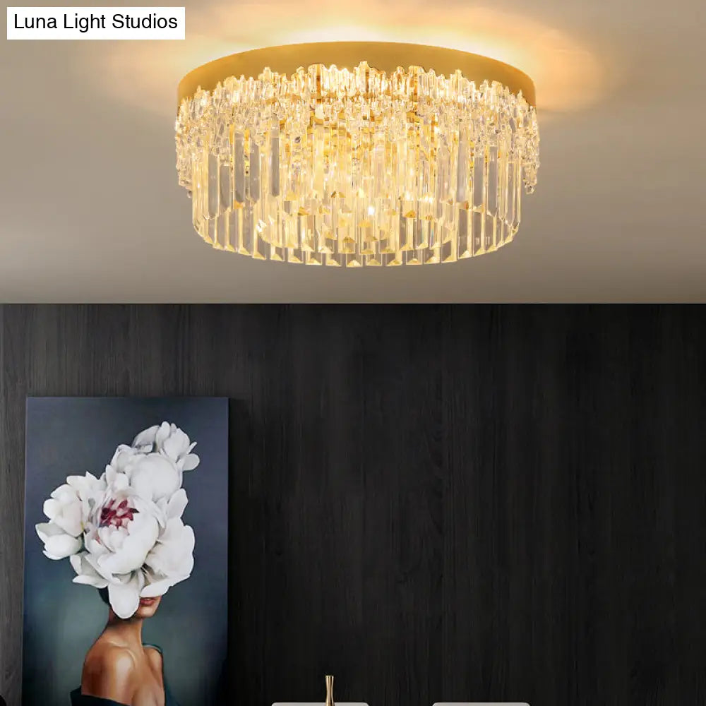 Modern Crystal Gold Flush Mount Light With Tri - Sided Drum Shape