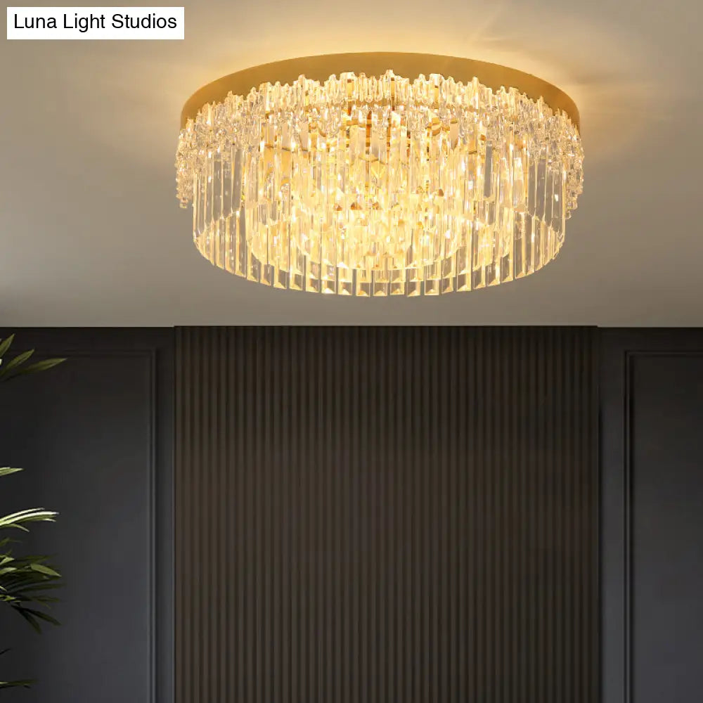 Modern Crystal Gold Flush Mount Light With Tri - Sided Drum Shape