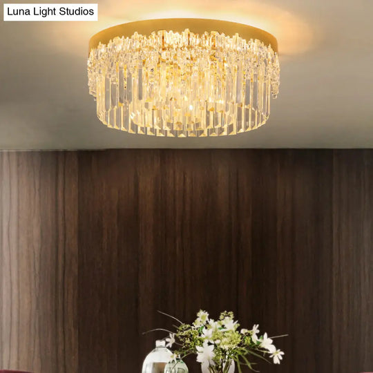 Modern Crystal Gold Flush Mount Light With Tri - Sided Drum Shape