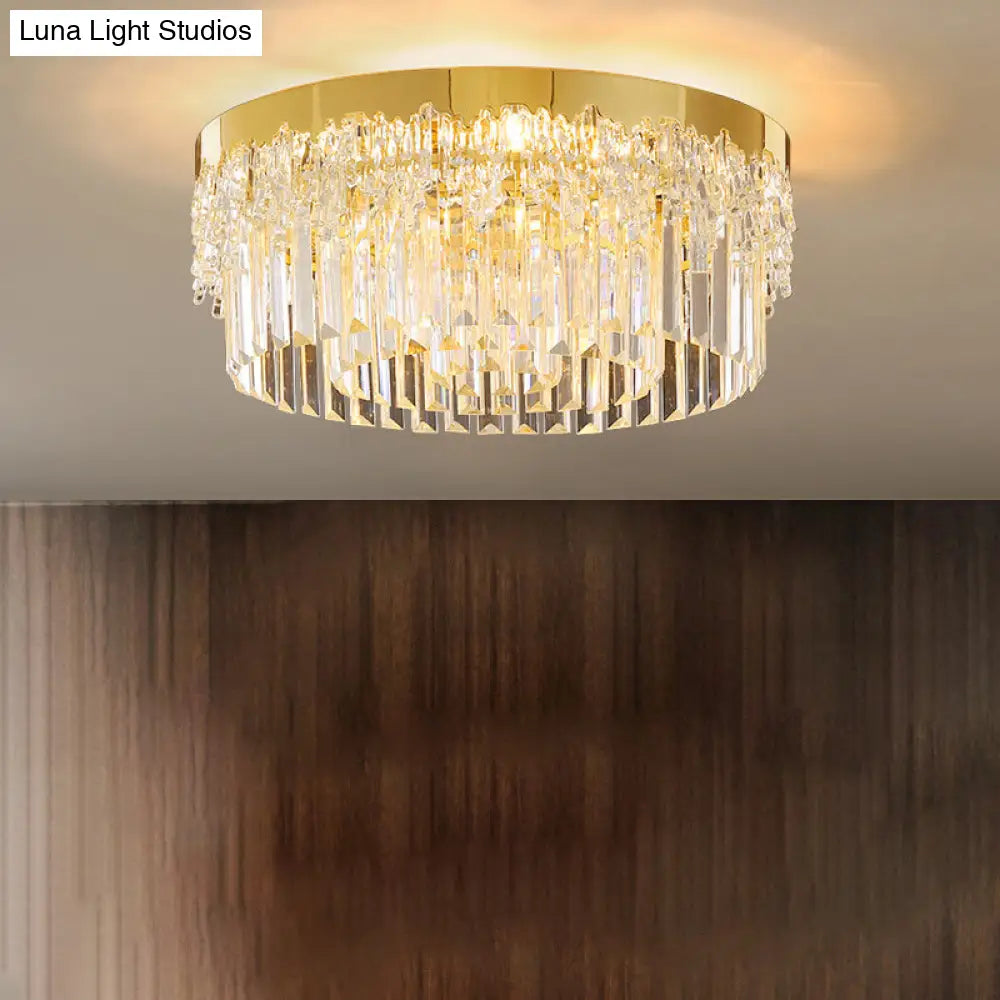 Modern Crystal Gold Flush Mount Light With Tri-Sided Drum Shape / 19