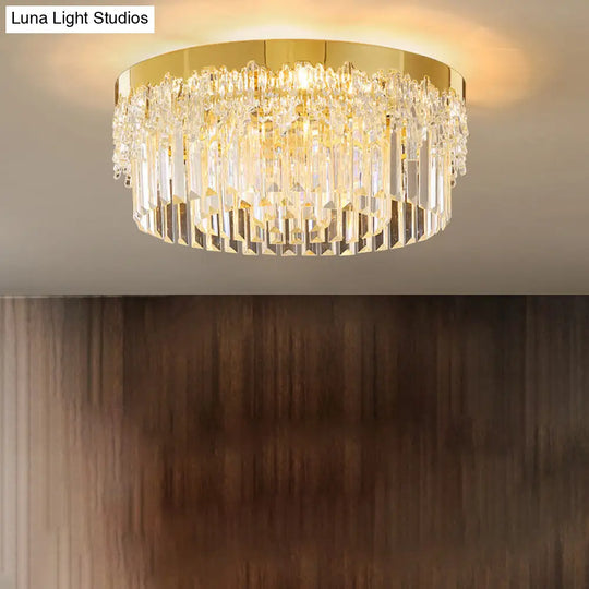 Modern Crystal Gold Flush Mount Light With Tri-Sided Drum Shape / 19