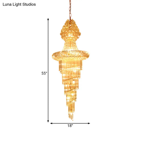 Modern Crystal Hall Chandelier - Layered Cone Design With 14 Gold Pendant Lights