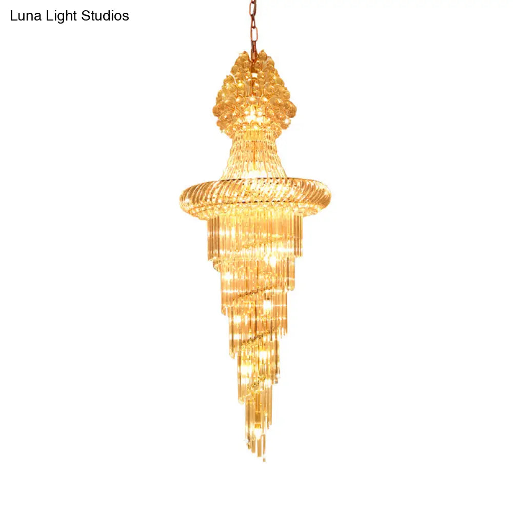 Modern Crystal Hall Chandelier - Layered Cone Design With 14 Gold Pendant Lights