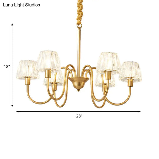 Modern Crystal Cone Ceiling Light With Brass Finish - 3/6/8 Lights And Curved Arm