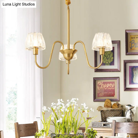 Modern Crystal Cone Ceiling Light With Brass Finish - 3/6/8 Lights And Curved Arm