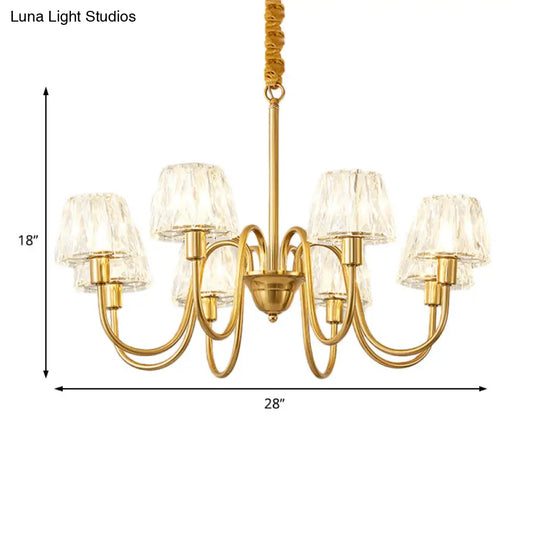 Modern Crystal Cone Ceiling Light With Brass Finish - 3/6/8 Lights And Curved Arm