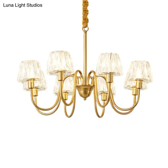 Modern Crystal Cone Ceiling Light With Brass Finish - 3/6/8 Lights And Curved Arm