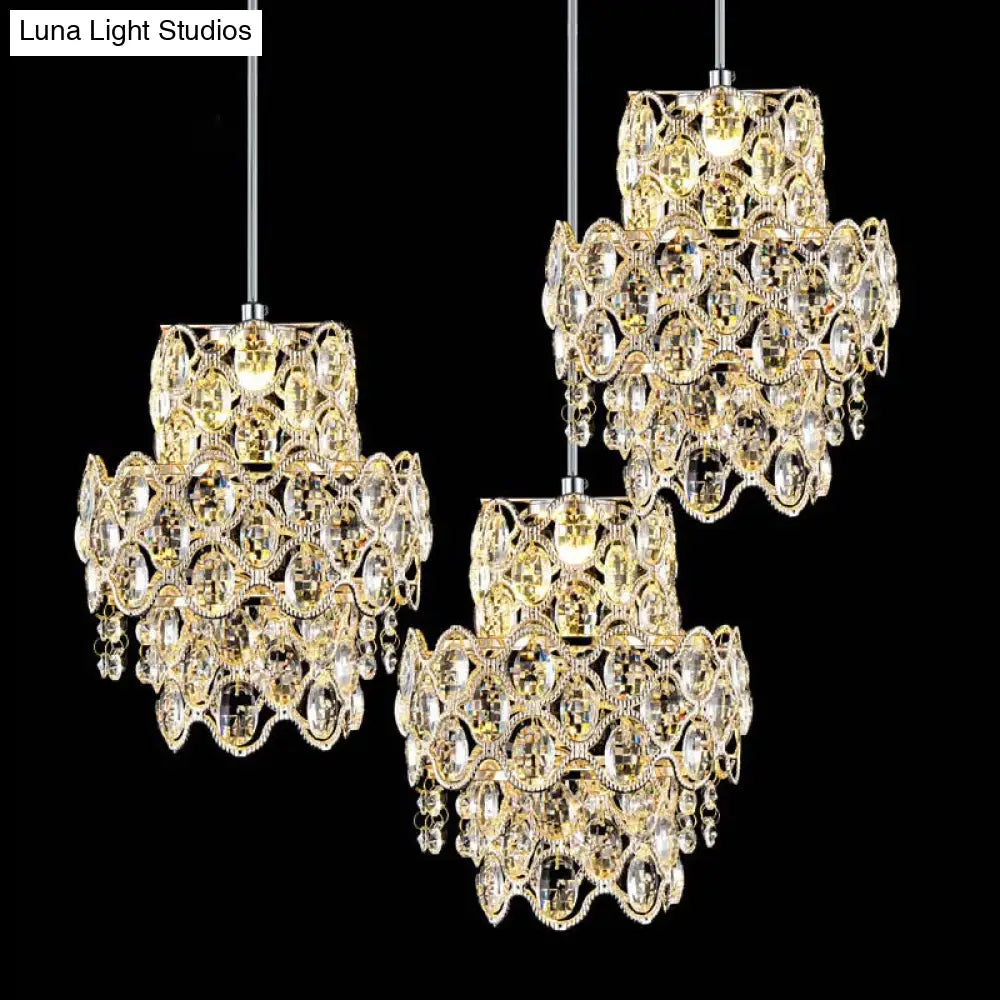 Modern Clear Beveled Crystal Hanging Light Fixture - 3 Heads 2-Layer Pendant Design