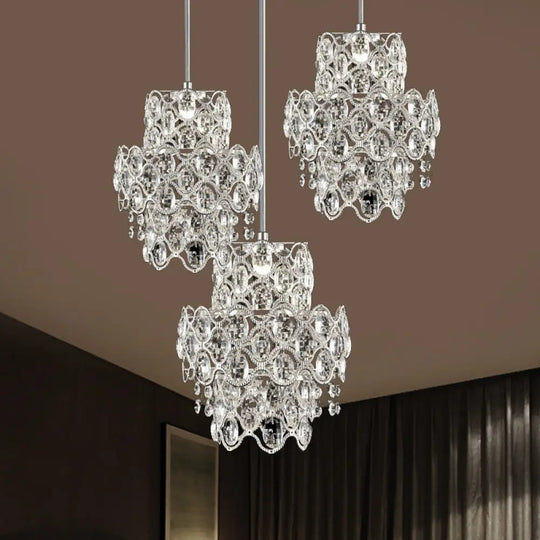 Modern Crystal Hanging Light Fixture With Clear Beveled - 3 Heads 2 Layers