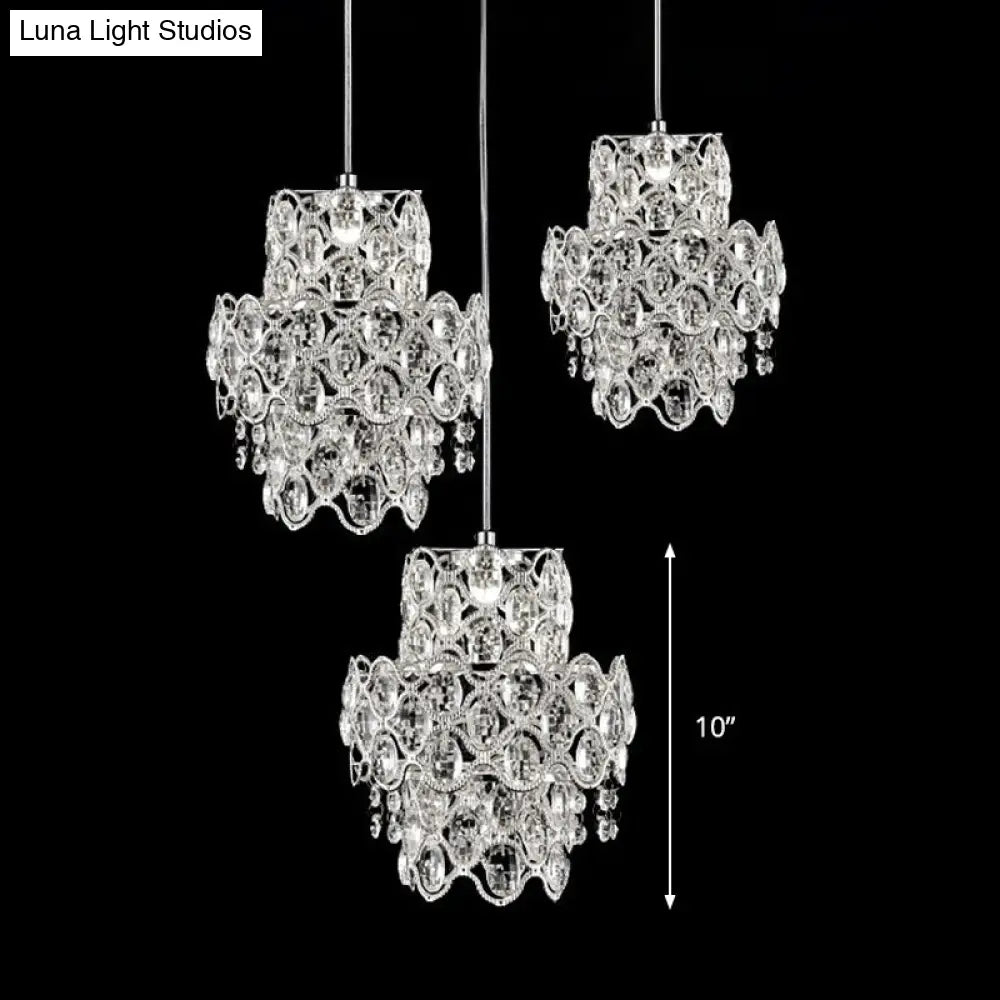 Modern Clear Beveled Crystal Hanging Light Fixture - 3 Heads 2-Layer Pendant Design