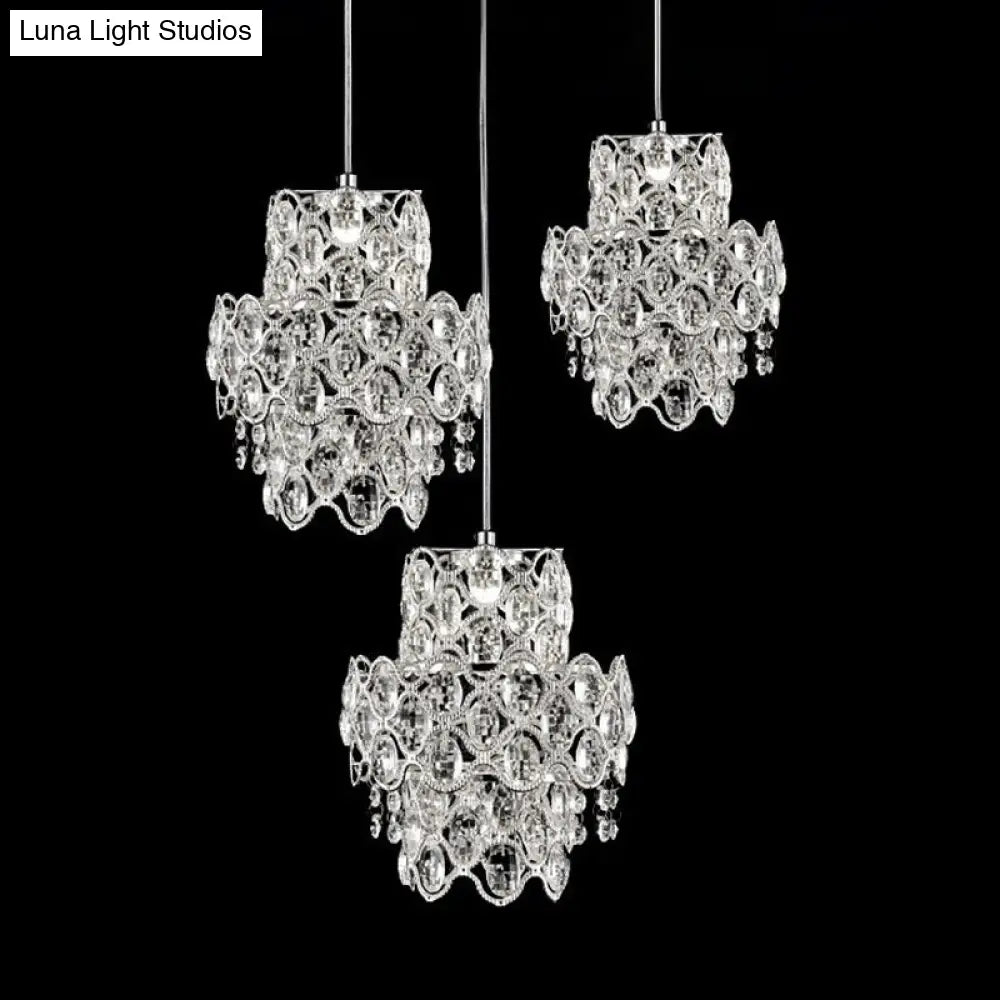 Modern Clear Beveled Crystal Hanging Light Fixture - 3 Heads 2-Layer Pendant Design