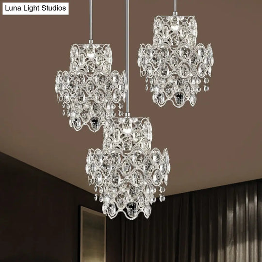 Modern Clear Beveled Crystal Hanging Light Fixture - 3 Heads 2-Layer Pendant Design