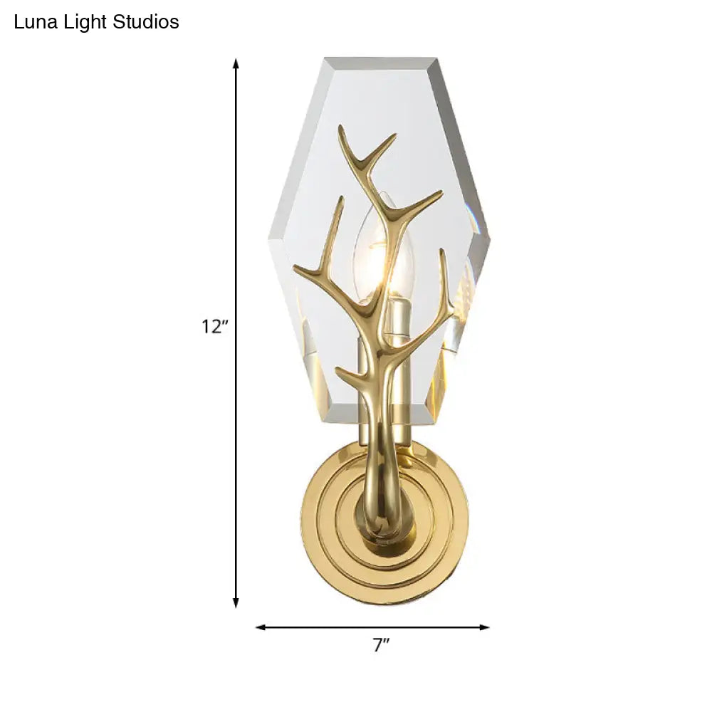 Modern Crystal Hexagon Sconce Light Fixture: Gold Wall-Mount Lamp With Antler Deco