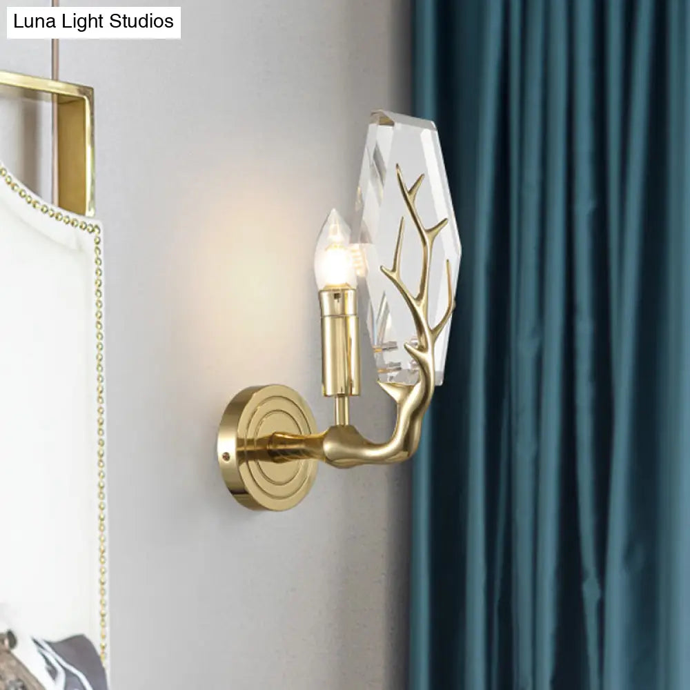 Modern Crystal Hexagon Sconce Light Fixture: Gold Wall-Mount Lamp With Antler Deco