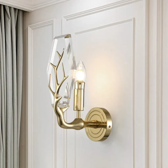 Modern Crystal Hexagon Sconce Light Fixture: Gold Wall-Mount Lamp With Antler Deco