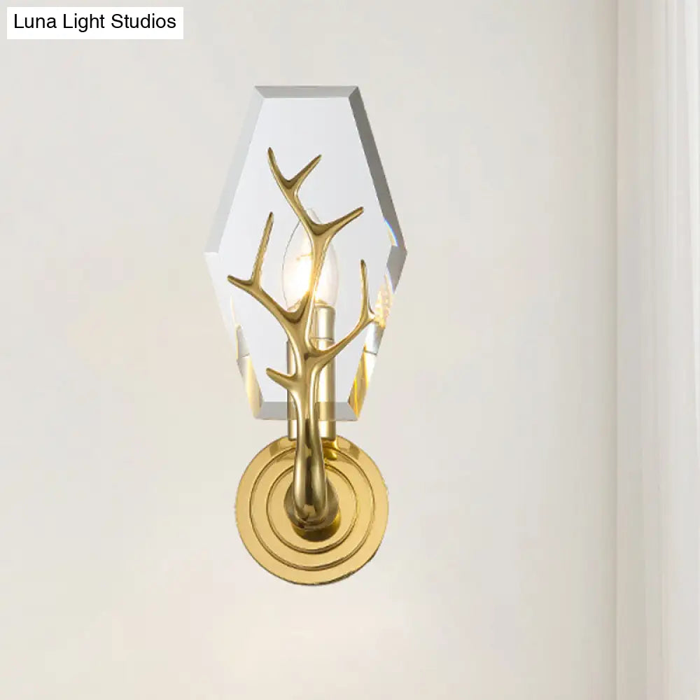 Modern Crystal Hexagon Sconce Light Fixture: Gold Wall-Mount Lamp With Antler Deco