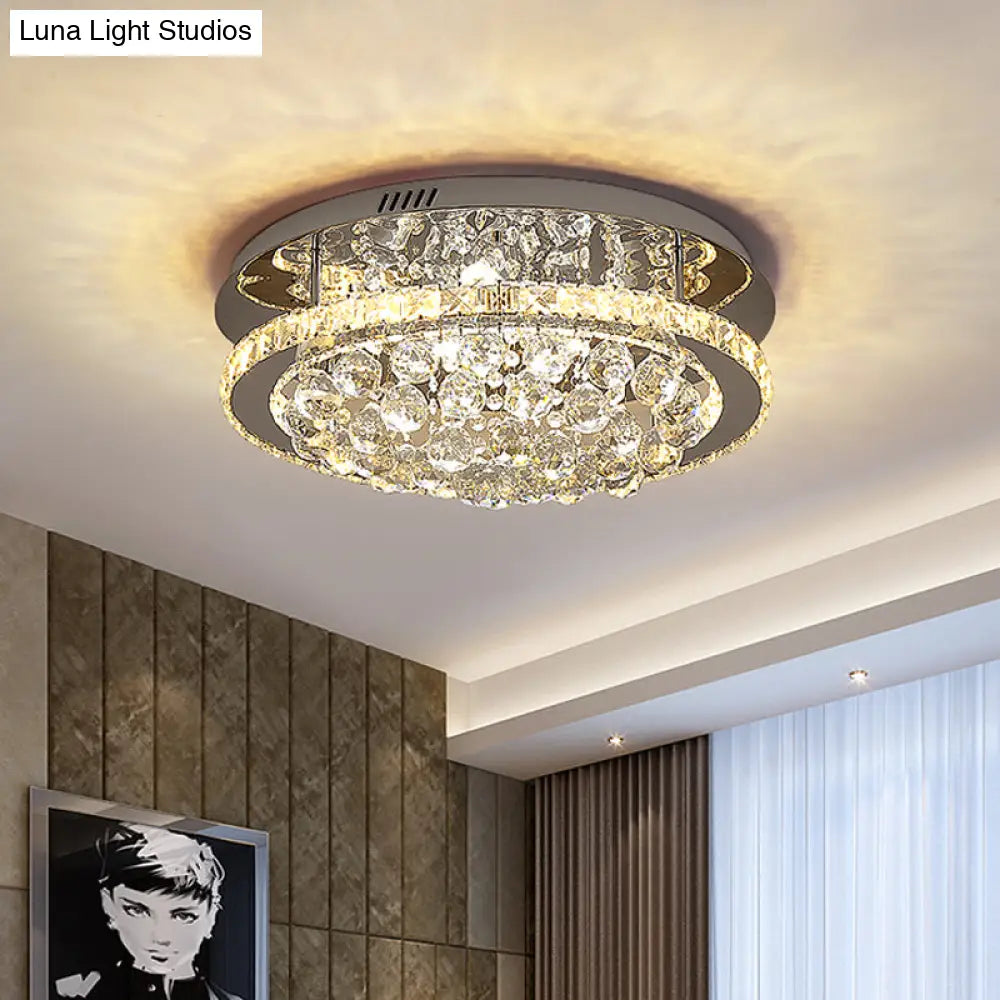 Modern Crystal Hotel Led Ceiling Light With Waterfall Orb Drop - Mirrored Chrome Drum Semi Flush