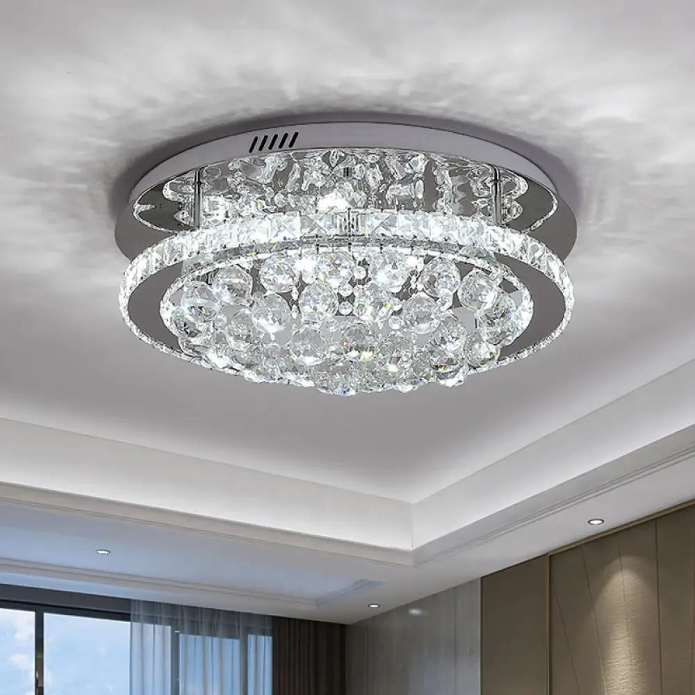 Modern Crystal Hotel Led Ceiling Light With Waterfall Orb Drop - Mirrored Chrome Drum Semi Flush