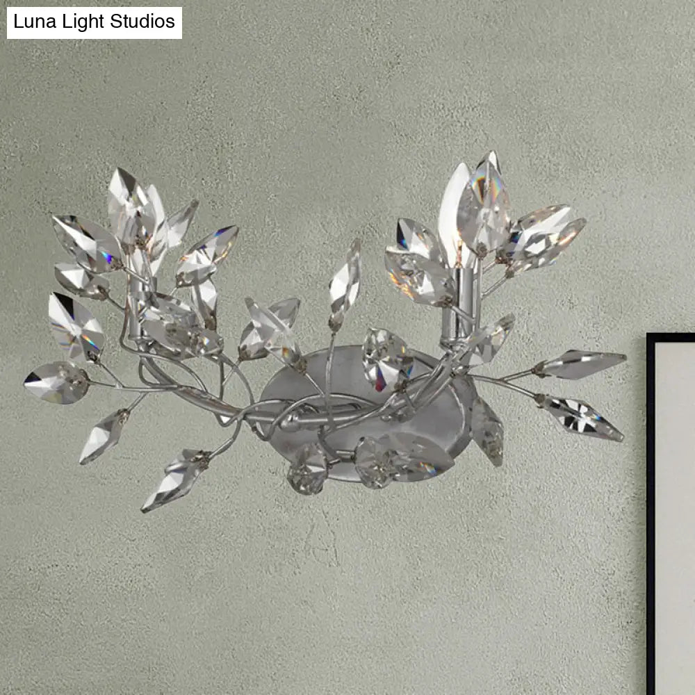 Modern Crystal Leaf Sconce Light - 2 Lights Gold/Silver Wall Mount For Living Room