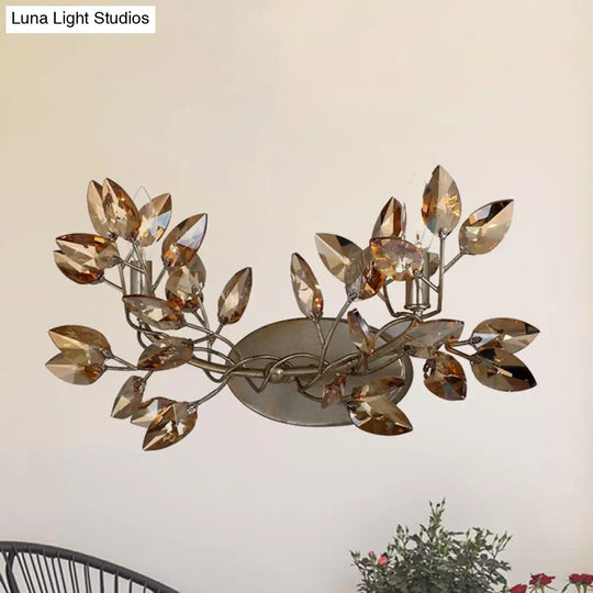 Modern Crystal Leaf Sconce Light - 2 Lights Gold/Silver Wall Mount For Living Room