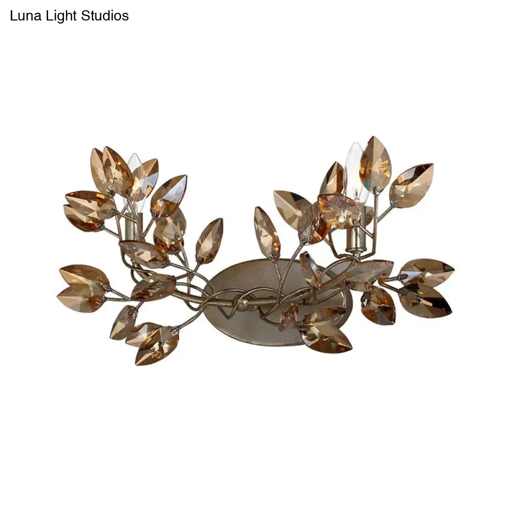 Modern Crystal Leaf Sconce Light - 2 Lights Gold/Silver Wall Mount For Living Room