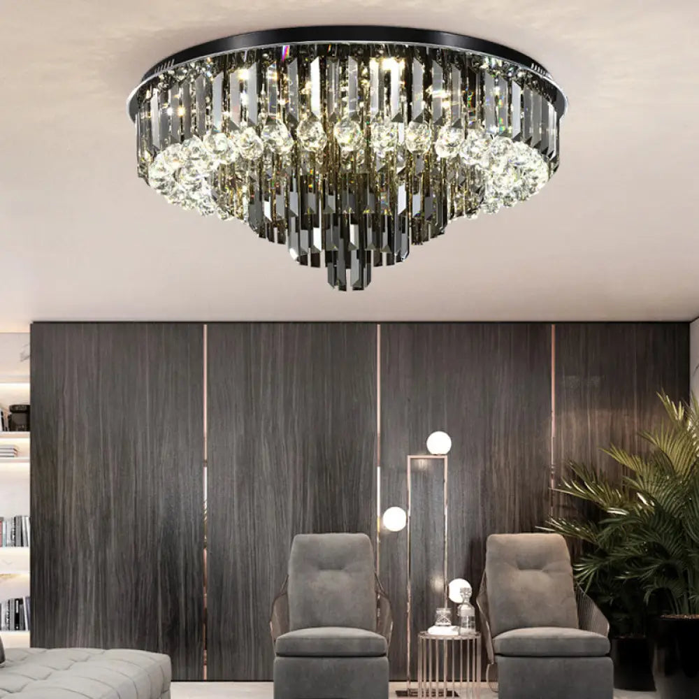 Modern Crystal Led Bedroom Ceiling Light - Smoke Gray Layered Flush - Mount Fixture 19.5’/23.5’