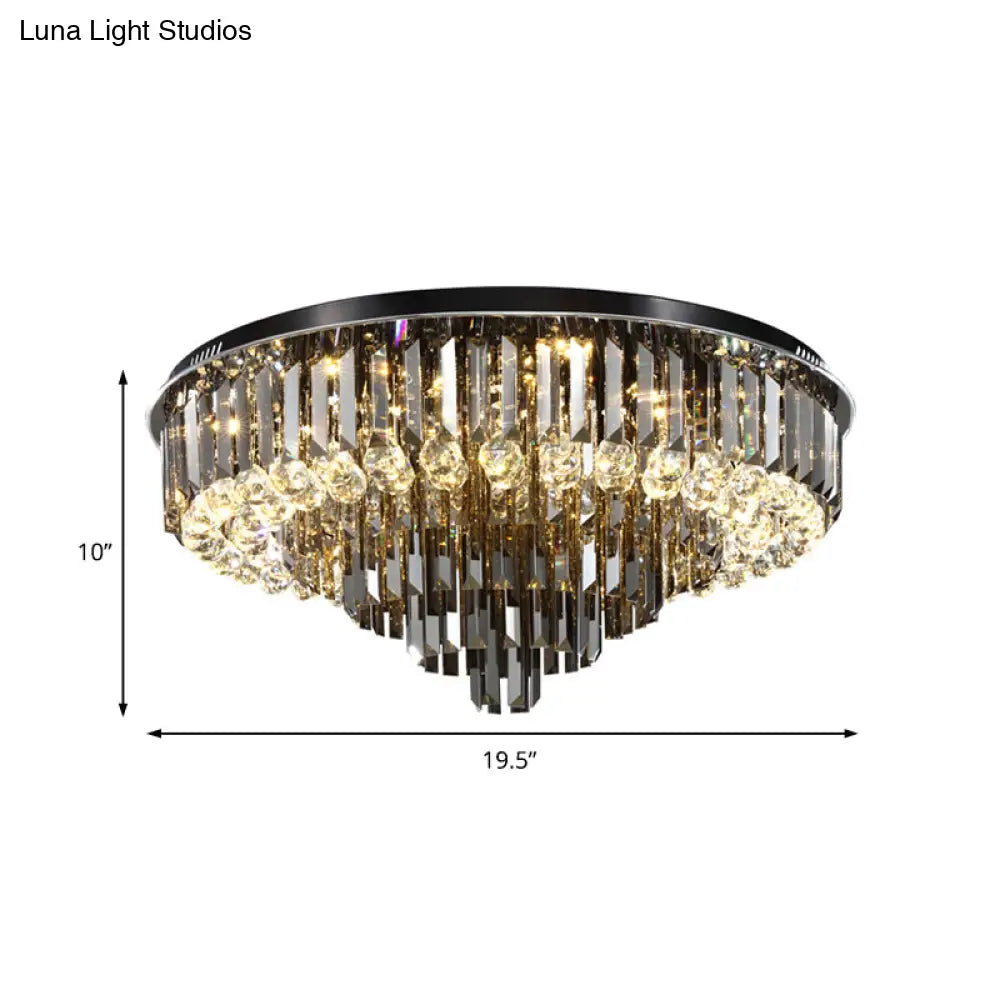Modern Crystal Led Bedroom Ceiling Light - Smoke Gray Layered Flush - Mount Fixture 19.5’/23.5’ Wide