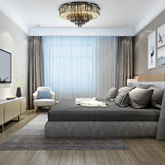 Modern Crystal Led Bedroom Ceiling Light - Smoke Gray Layered Flush - Mount Fixture 19.5’/23.5’