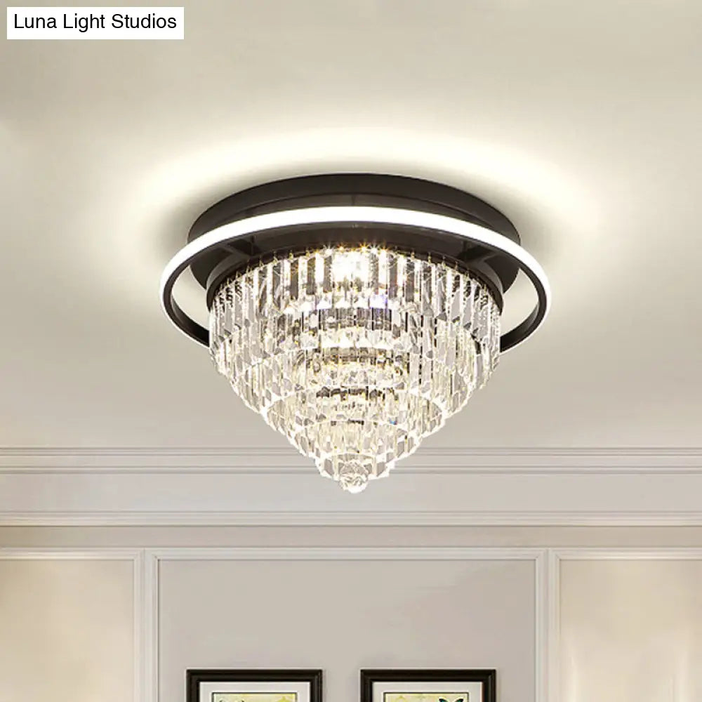 Modern Crystal Led Bedroom Flush Light With Prism Cone And Halo Ring Black